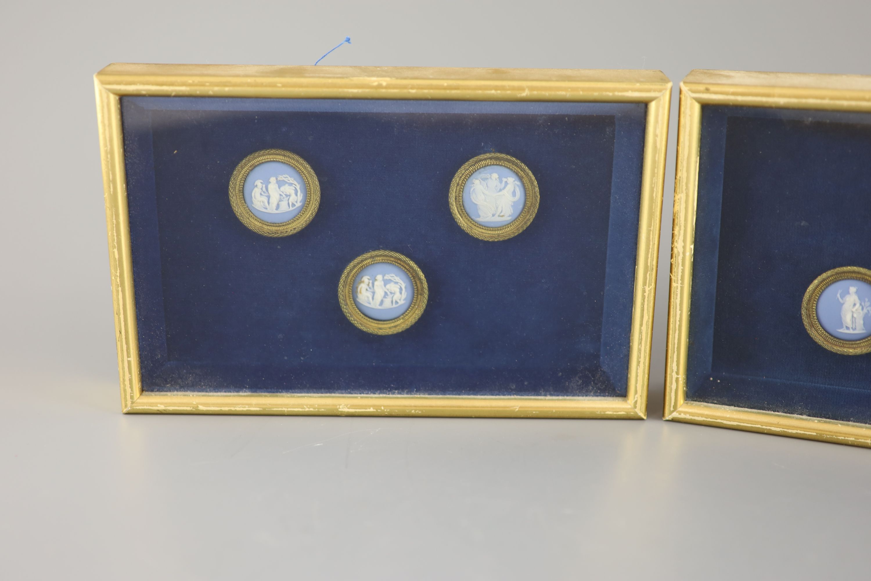 Six Wedgwood jasper ormolu mounted plaques, c.1780-5, Each ormolu mount 3.8cm, frames 15 x 23cm